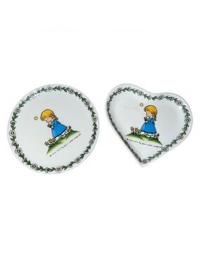 Joan Walsh Anglund W Germany 4"Heart Trinket Dish & Mini Plate Girl With Flowers